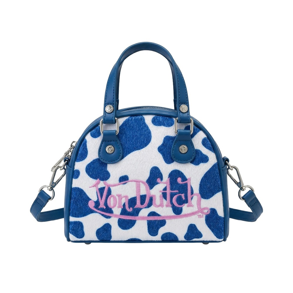 Von Dutch Blue Cow Print Faux Fur Mini Bowling Bag Pink Logo Y2K Streetwear